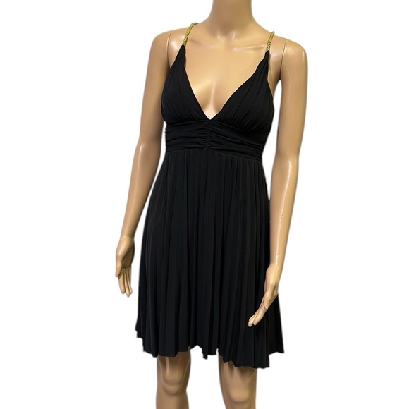 City Triangles Black Empire Waist Gold Rope X Strap Pleated Fit Flare Dress S - Picture 1 of 6